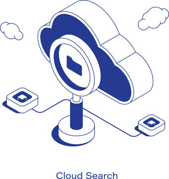 Isometric cloud search vector illustration. A magnifying glass focuses on a folder inside a large digital cloud, connected to network nodes. Clean IT data technology layout