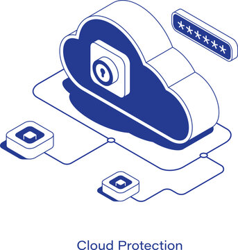 Isometric cloud protection vector illustration. A digital cloud with a keyhole and password field, connected to network nodes. Clean IT security and data privacy technology layout