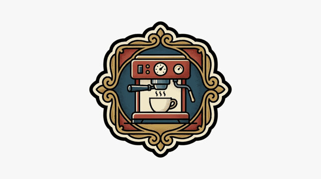 Vintage espresso machine illustration featuring a portafilter and coffee cup enclosed in an ornate decorative frame, red professional coffee maker emblem isolated on white background.