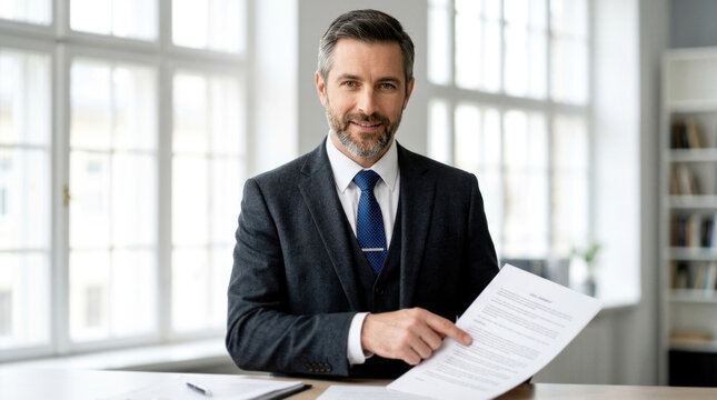 Smiling lawyer pointing at contract document while sitting at office desk