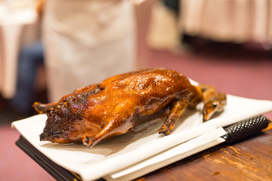 Roast duck dish served in restaurant