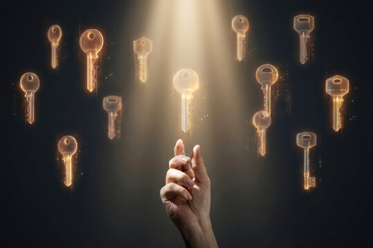 Hand reaching for illuminated key among floating glowing keys on dark background