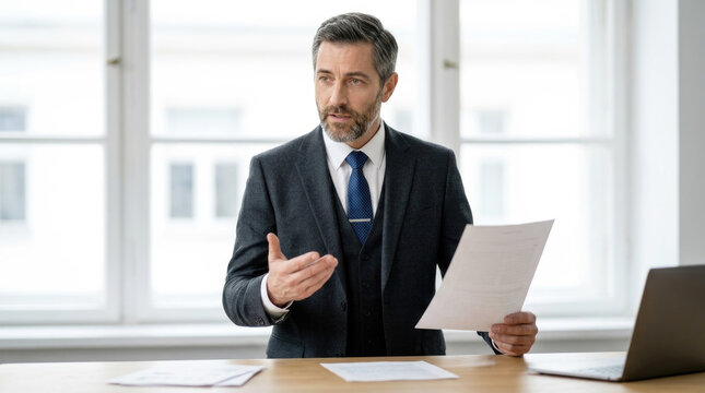 Lawyer holding paper document and gesturing while talking at office desk