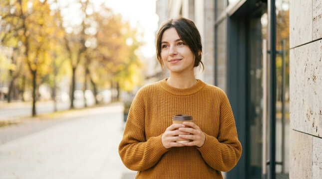 Smiling young woman in yellow sweater holding paper coffee cup outdoors