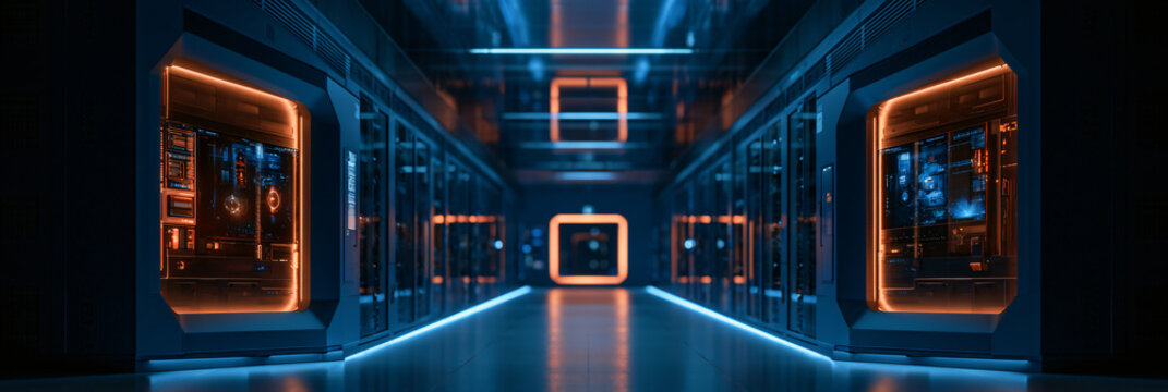 Futuristic server room corridor with glowing orange panels and blue neon lights in a high-tech facility