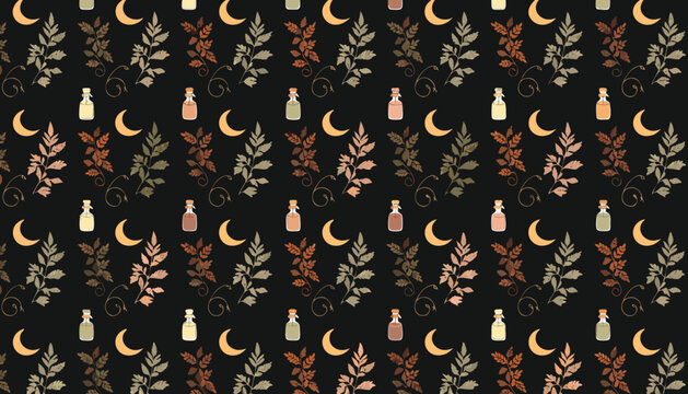 Botanical Vines, Crescent Moons, and Potion Bottles, Dark Background, Seamless Pattern, Mystical Design