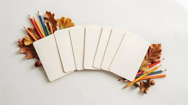 Blank study cards with autumn leaves and pencils &ndash; Perfect for back to school marketing, study guides, or teacher materials.