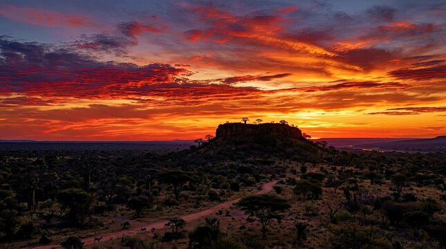 Savanna Landscape at Sunset With Silhouetted Rock Formation