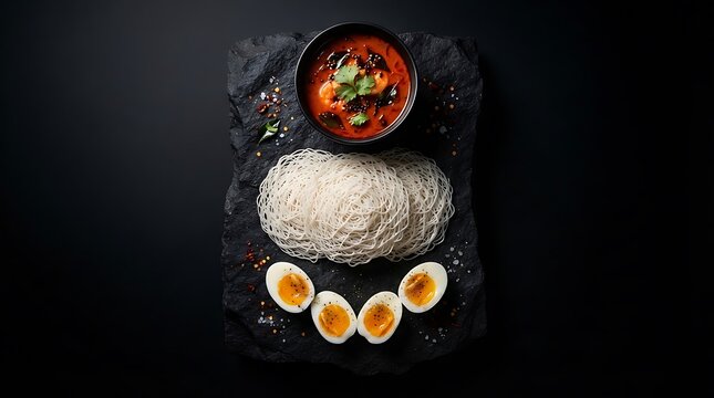Traditional South Indian breakfast dish Appam or hoppers served with spicy curry and boiled eggs on dark stone background, top view