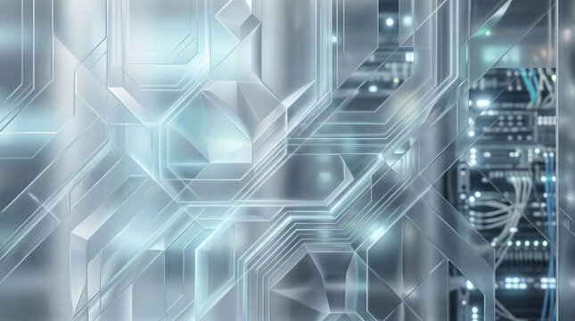 Abstract digital circuit background. Frosted glass texture with glowing technology lines.