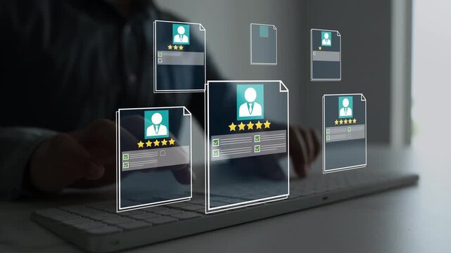 Concept of Human Resources, selection and online application screening process.Business professional reviewing digital CV on laptop, analyzing candidate profiles for recruitment and hiring decisions.	
