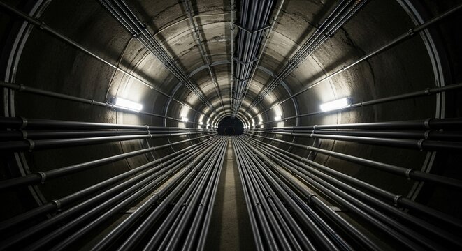 Illuminated underground tunnel filled with numerous parallel cables and pipes