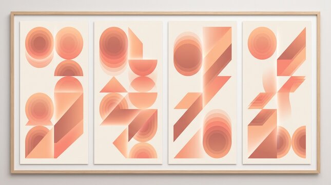 Minimalist geometric abstract panels with peach coral gradients on cream