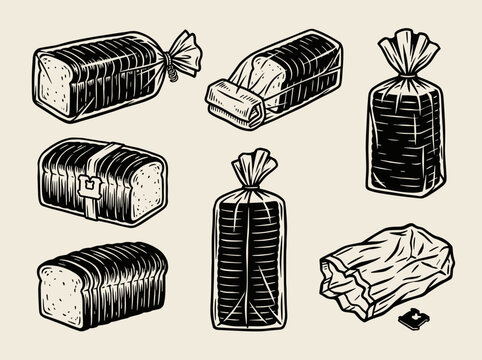 Linocut illustration set of sliced bread plastic packaging, toast loaf in bag with clip and twist tie, isolated on cream background