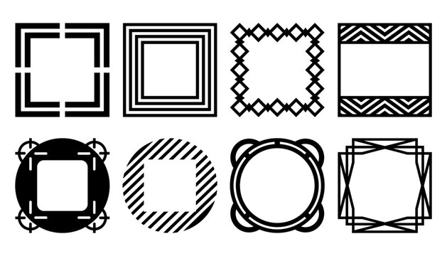 Eight black vector frame designs showcase geometric patterns and linear arrangements on a white background abstract arrangement border circlet collection