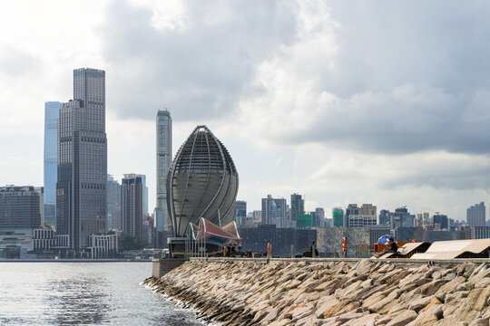 Waterfront promenade and skyline in hong kong