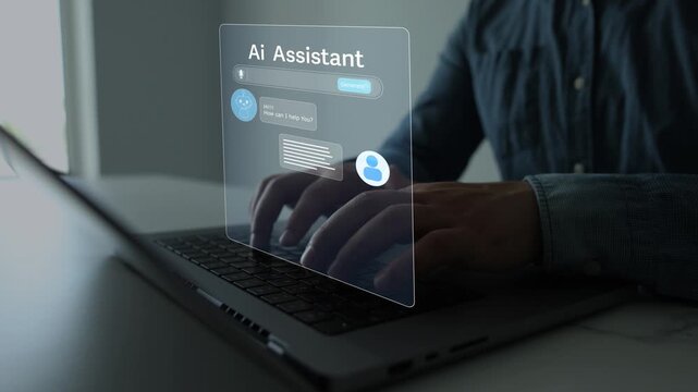 AI assistant chatbot with smart conversational interface, virtual support, automated responses and natural language processing. Modern artificial intelligence technology for customer service.