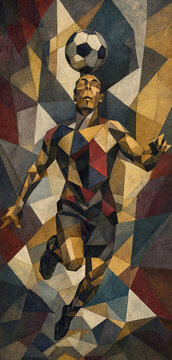 A cubist figure of a male soccer player balancing a ball on his head, depicted with angular geometric shapes and muted earth tones. Composition emphasizes movement and abstract patterning.