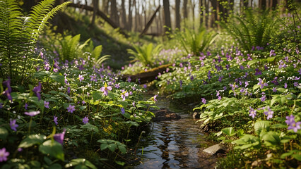 Naklejka premium Tranquil forest stream surrounded by lush greenery and wildflowers.
