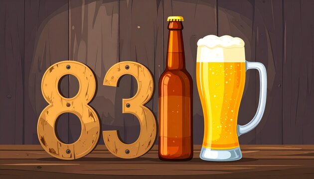 Rustic Beer Glass and Bottle with Number 83 &ndash; Birthday and Anniversary Illustration
