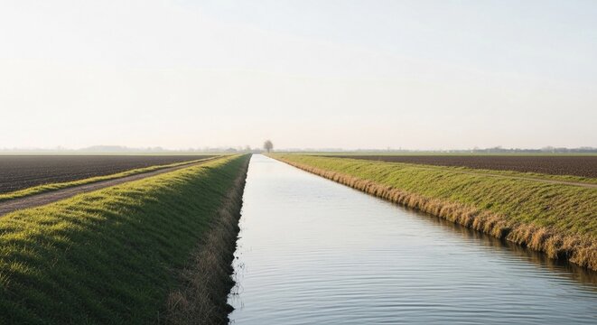 Serene Canal Waterway Reflecting the Sky in a Lush Green Agricultural Landscape