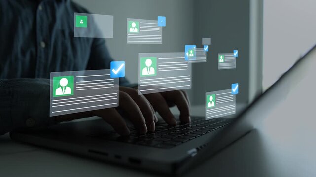 Business professional reviewing digital CV on a laptop, analyzing candidate profiles for recruitment and hiring decisions.Concept of Human Resources ,election and online application screening process.