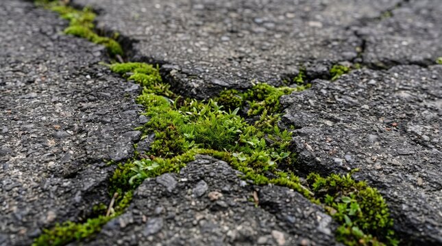 Vibrant green moss growing顽强地 inside deep cracks of weathered grey asphalt road surface, symbolizing nature resilience rebirth regeneration persistence endurance survival