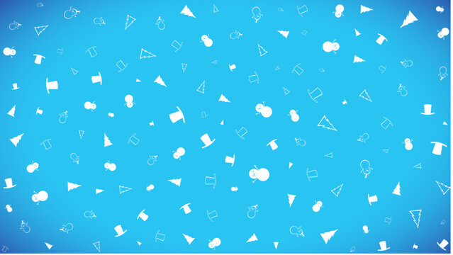 Flat illustration of a winter pattern background with scattered snowmen, pine trees, and top hats on a blue gradient. Seamless seasonal design for cards, banners, and wraps.