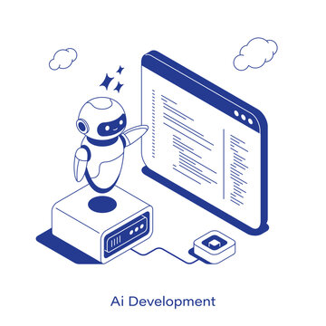 Isometric AI development vector illustration. A friendly robot hovering over a server unit points to a large floating screen displaying programming code. Clean IT software technology layout