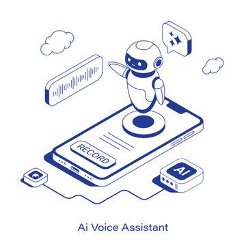 Isometric AI voice assistant vector illustration. A robot hovers over a smartphone with a record button, next to a sound wave graph, chat bubble, and AI chip. Clean IT mobile technology layout
