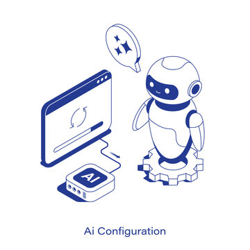 Isometric AI configuration vector illustration. A robot stands on a gear next to an AI chip and a screen showing a loading sync bar, accompanied by a sparkle chat bubble. Clean IT setup layout