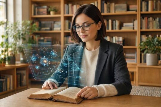 Female university student interacting with glowing AI hologram and neural network nodes in a sunlit modern library.