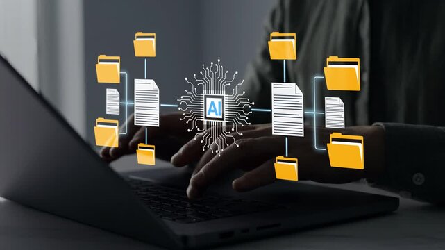 AI powered document and digital folder representing intelligent data storage, document management and automated information processing.