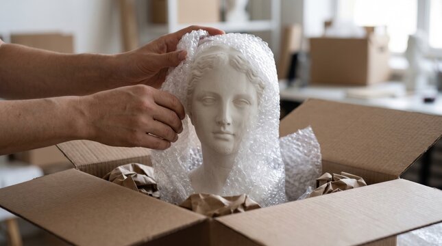 Hands carefully wrap a delicate classical plaster bust with bubble wrap inside a cardboard shipping box