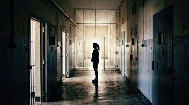 Silhouette of a Person in a Dimly Lit Prison Corridor