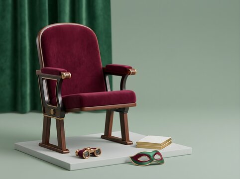 Vintage theater chair, red velvet cinema seat, opera mask and binoculars