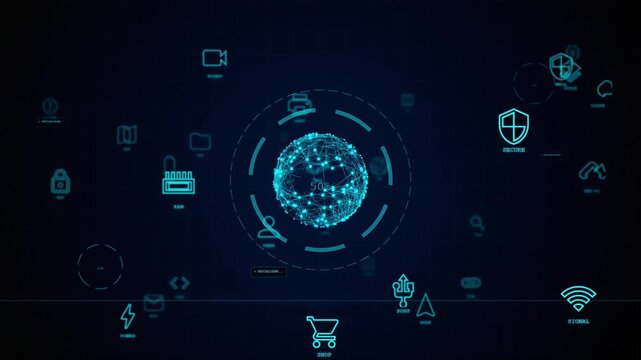 A diverse array of digital icons, including security and shopping icons, surround the central globe.