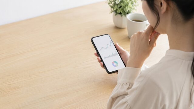 スマートフォンで株価チャートを確認する日本人女性の資産運用