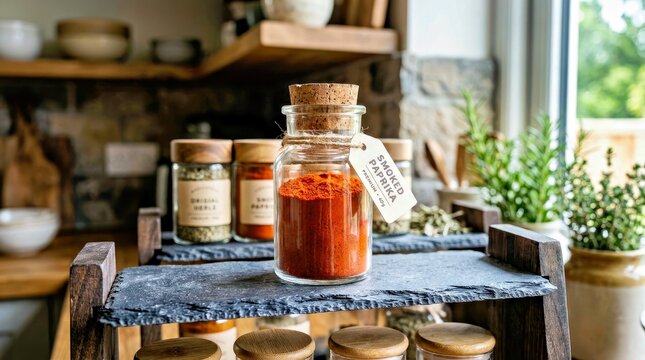 Smoked Paprika in Glass Jar With Wooden Lid on Rustic Kitchen Shelf