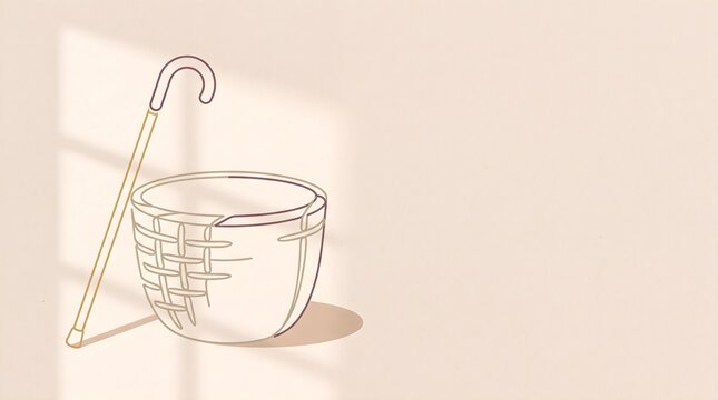 Minimalist line art basket and walking cane, simple sketch on beige background