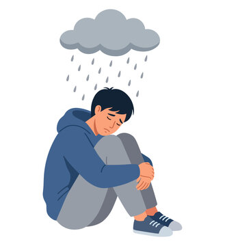 Sad man sitting under rainy cloud experiencing depression and anxiety