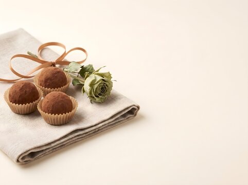 Gourmet chocolate truffles, elegant cocoa balls on linen, romantic dessert gift