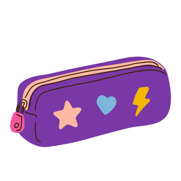 Hand drawn cute illustration of a purple pencil case with  star and heart isolated on white background.