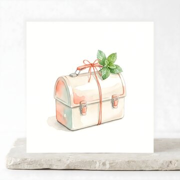 Watercolor vintage lunch box, retro metal chest with mint leaves, gift box art