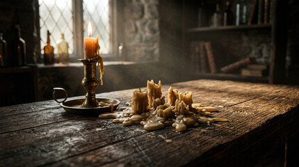 Obraz premium Medieval scholar study with burning candle and melted wax on old wooden table illuminated by natural sunlight beams