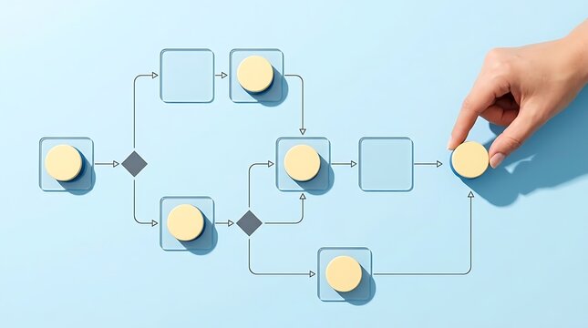 Hand placing yellow token on flowchart diagram representing business process management and structural planning