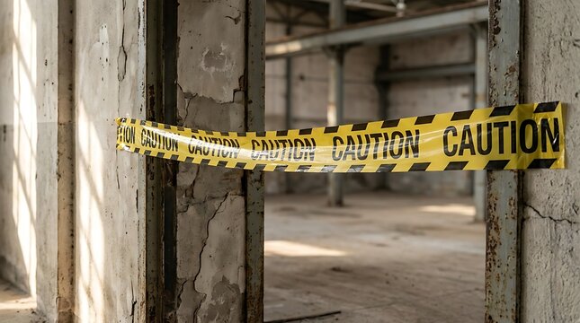 Industrial warehouse entrance blocked with caution tape boarder and restricted area warning signs