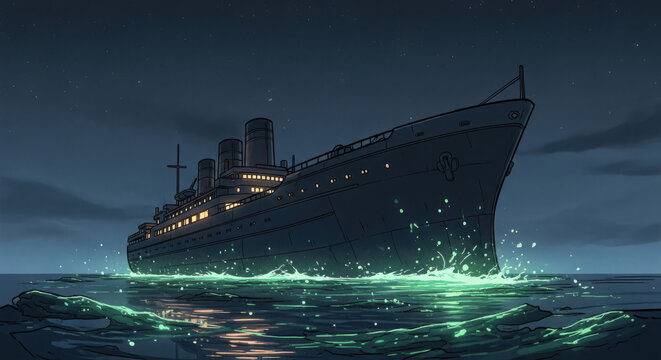Vintage steamship sailing across dark ocean waves at night with glowing green bioluminescent water under a sparkling starry night sky
