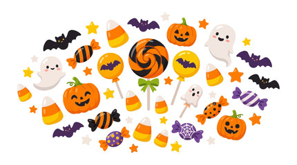 Obraz premium Creative Halloween Pumpkin Vector Illustration with Geometric Jack-o-Lantern Face, Bats, Leaves, Spider Webs and Stars