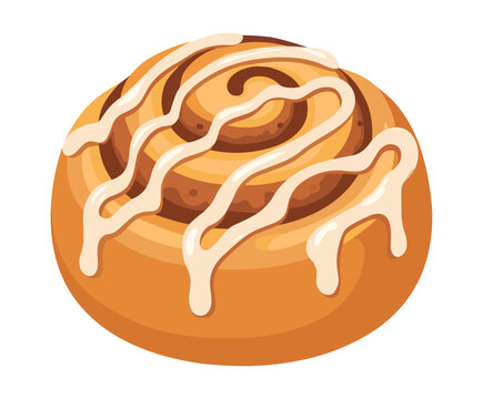 Sweet cinnamon roll bun with white cream glaze drizzle
